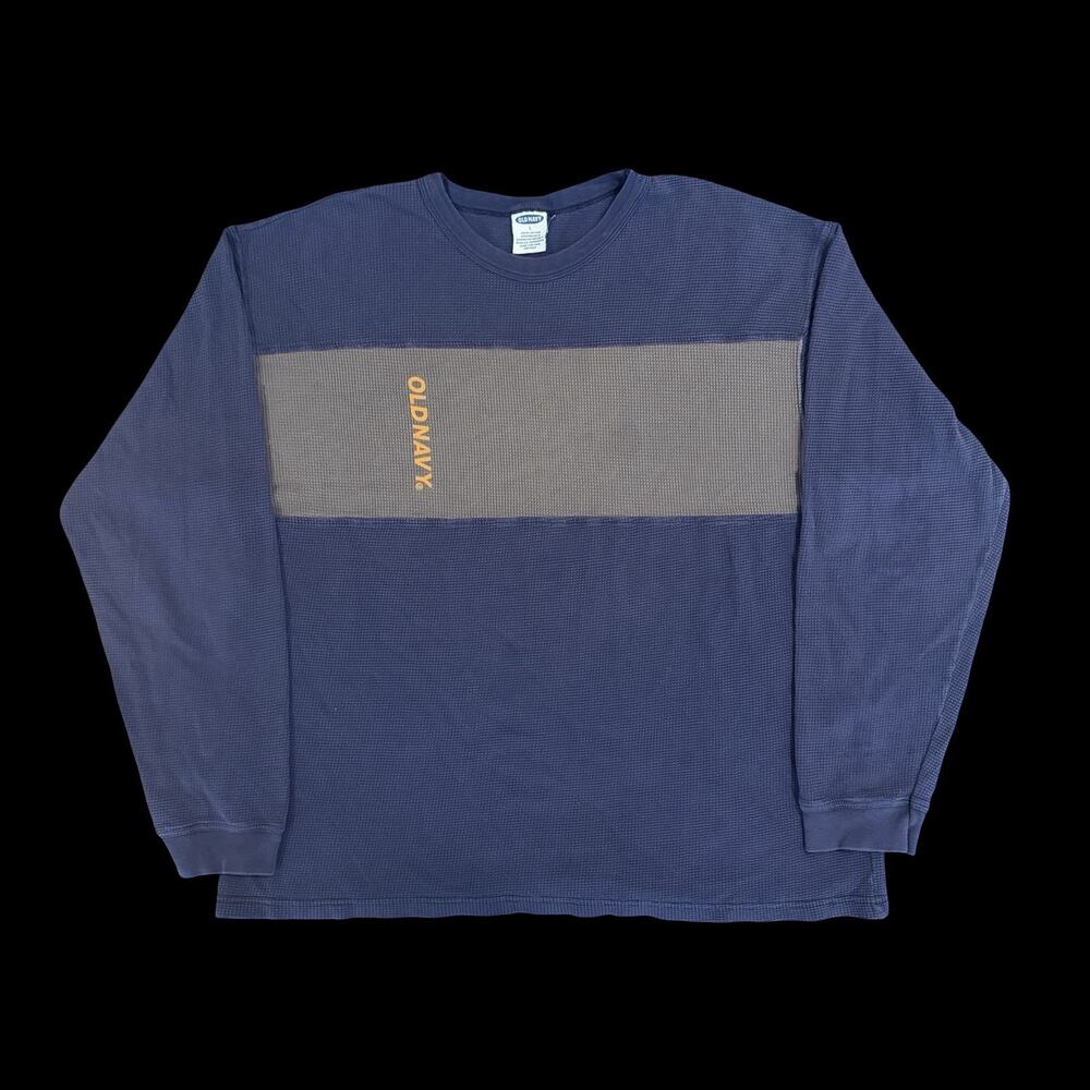 Old Navy Waffle Knit Thermal Shirt Mens L Blue Gray Colorblock Long Sleeve